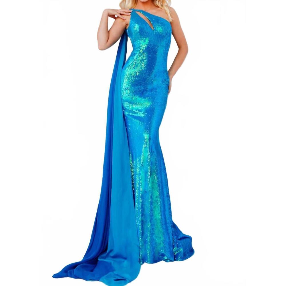 NEW JOVANI sequin one-shoulder with cape gown in iridescent royal